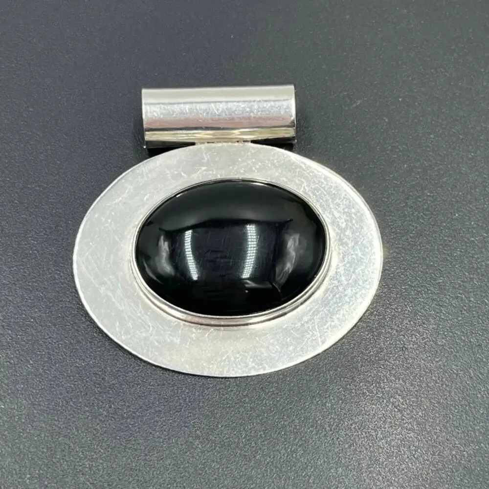 Vintage Sterling Silver Large Mexico TJ-78 Black Onyx Oval Modernist‎ Pendant